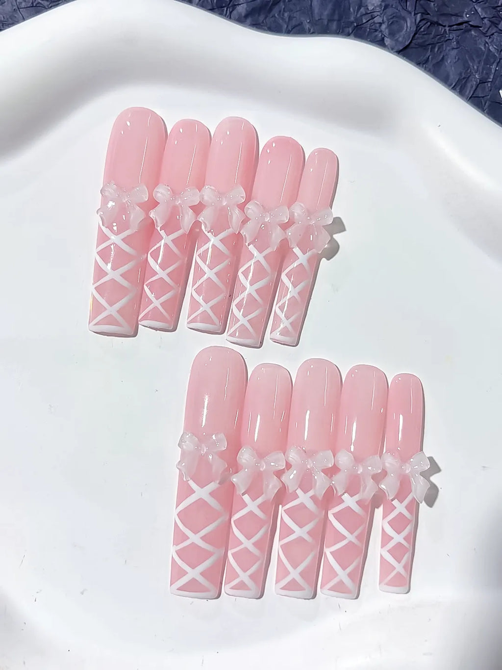 Pink White Solid color Bow Linework 3D press on nails close up