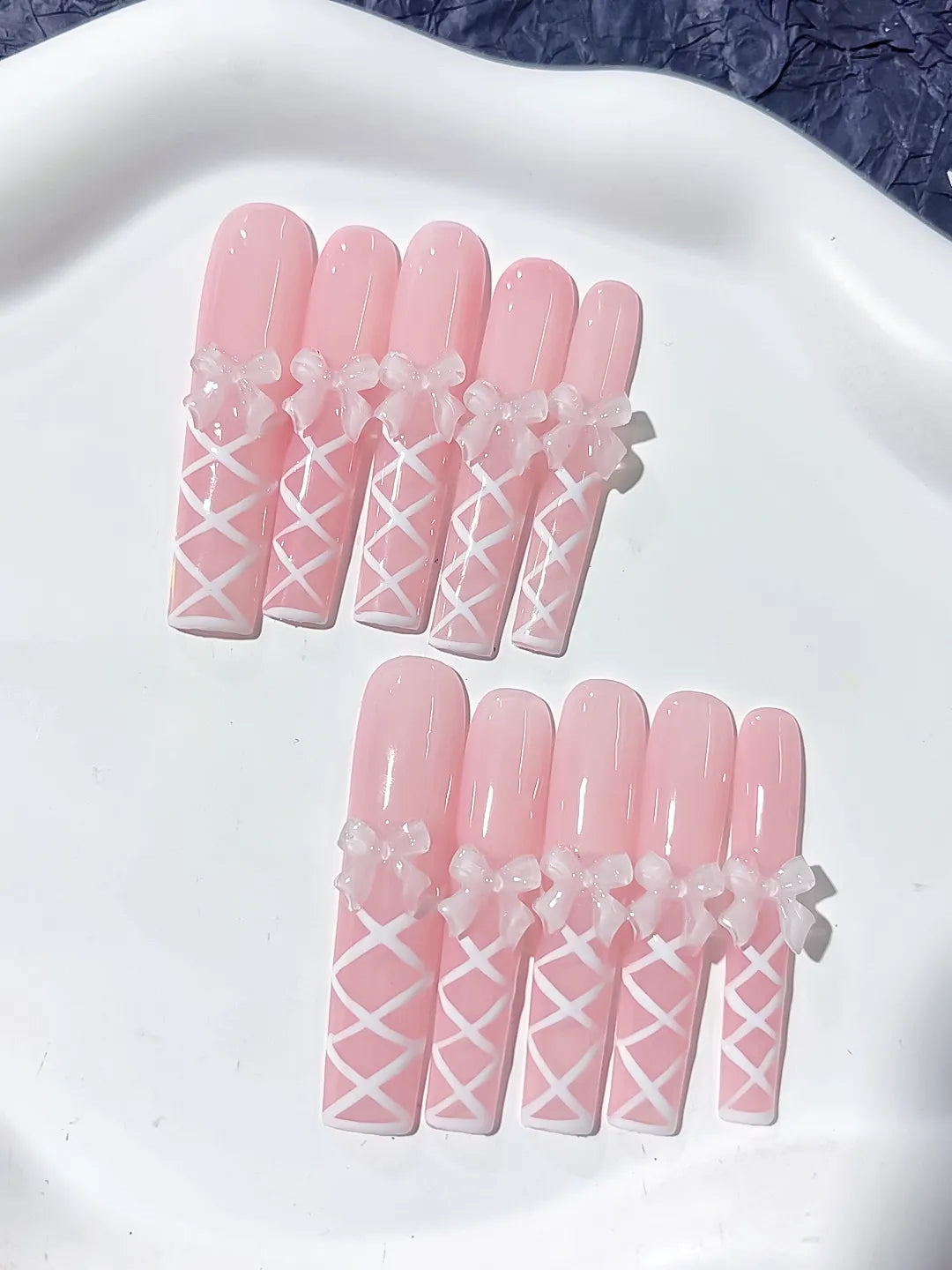 Pink White Solid color Bow Linework 3D press on nails close up
