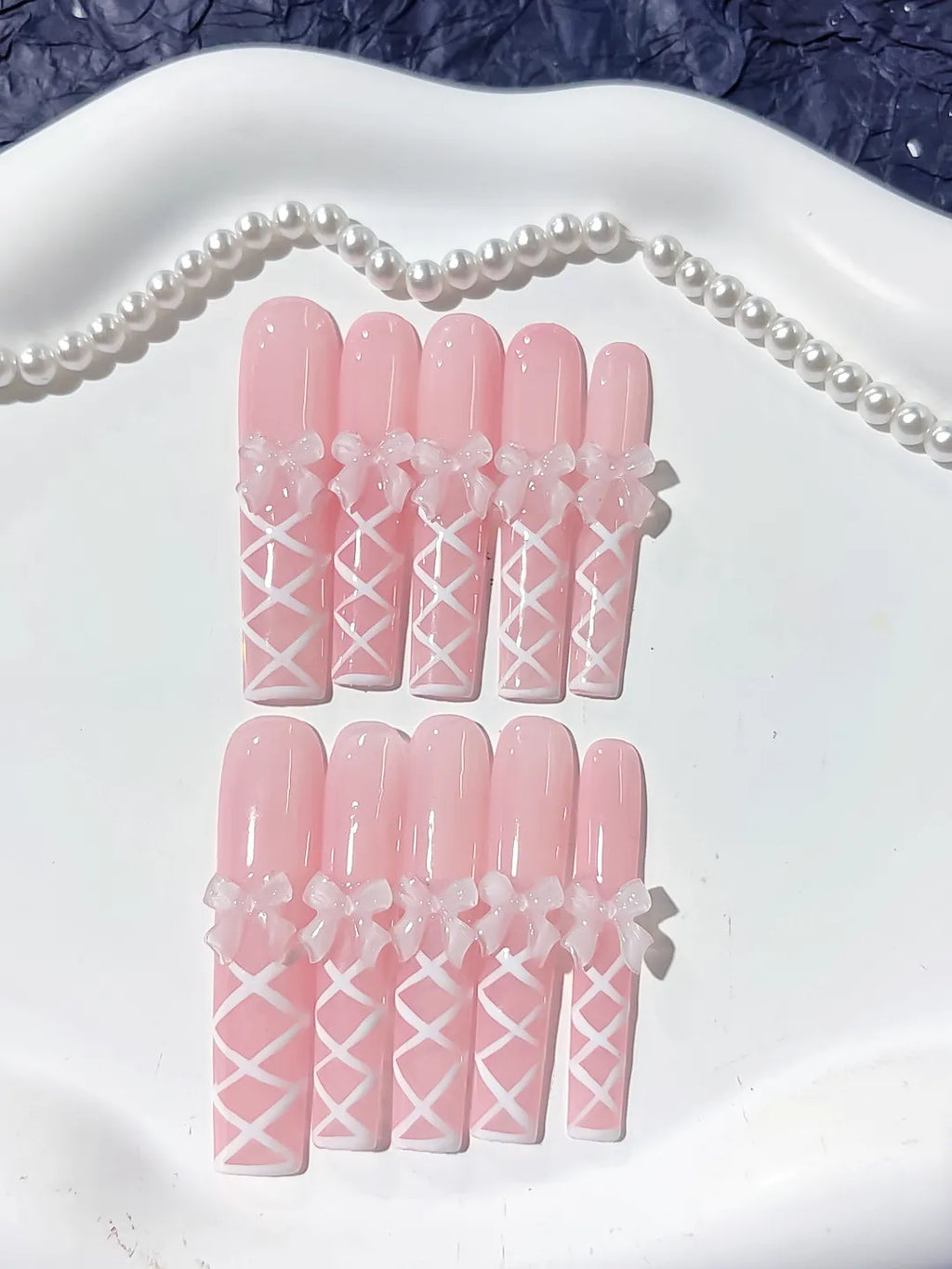 Pink White Solid color Bow Linework 3D press on nails detail view