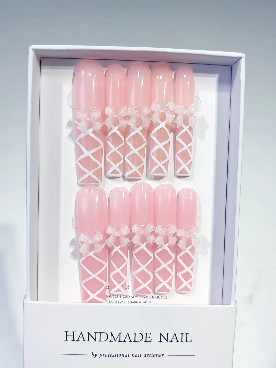 Pink White Solid color Bow Linework 3D press on nails full set view