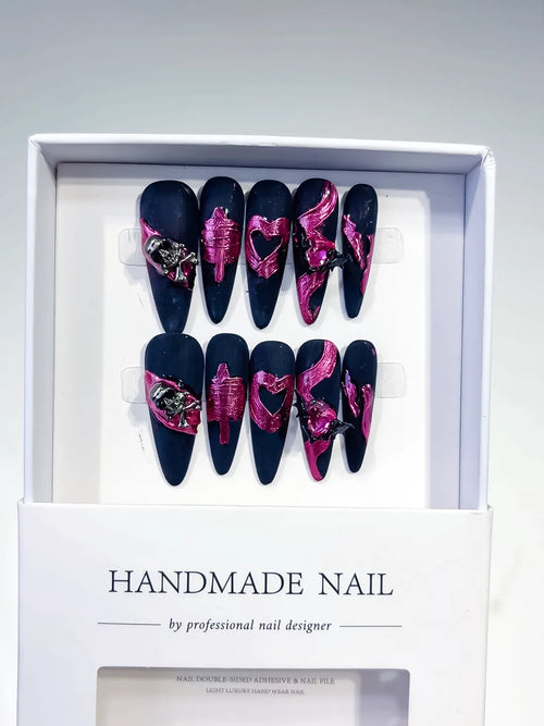 Black Purple Abstract Heart Metallic Accent 3D press on nails full set view