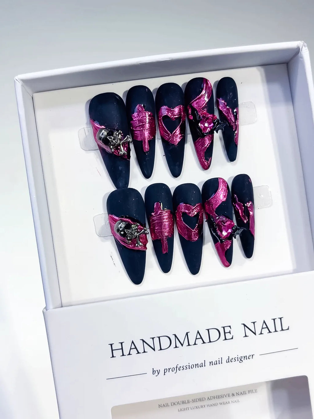 Black Purple Abstract Heart Metallic Accent 3D press on nails angled view