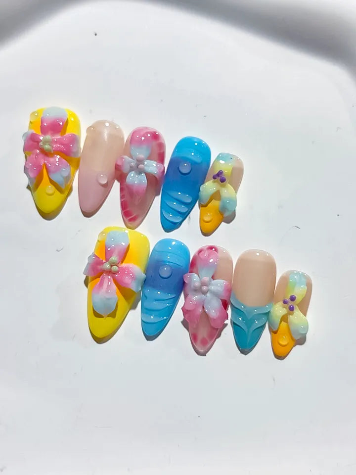 Yellow Blue Pink Nude Orange Purple Abstract Flower Dot 3D Texture press on nails detail view