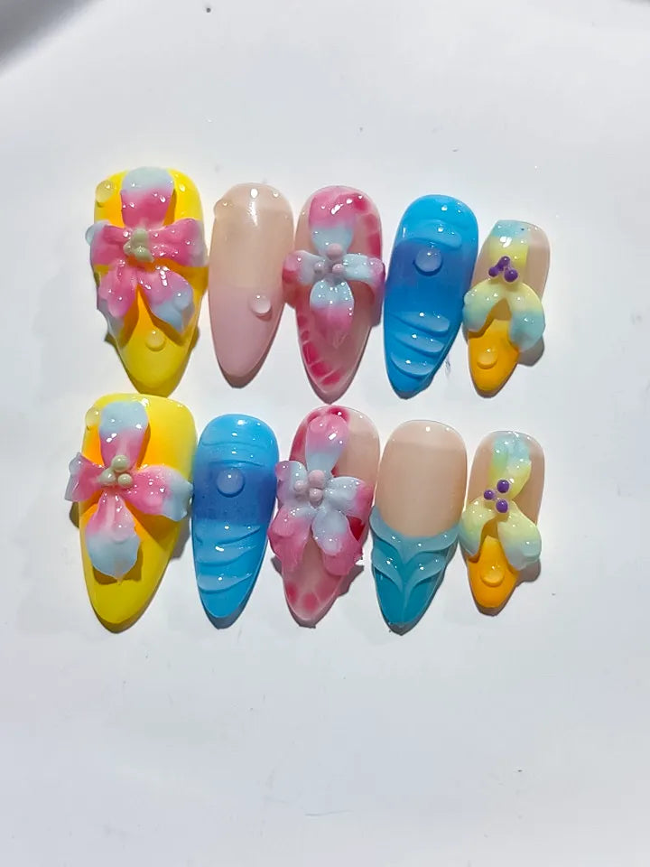 Yellow Blue Pink Nude Orange Purple Abstract Flower Dot 3D Texture press on nails close up