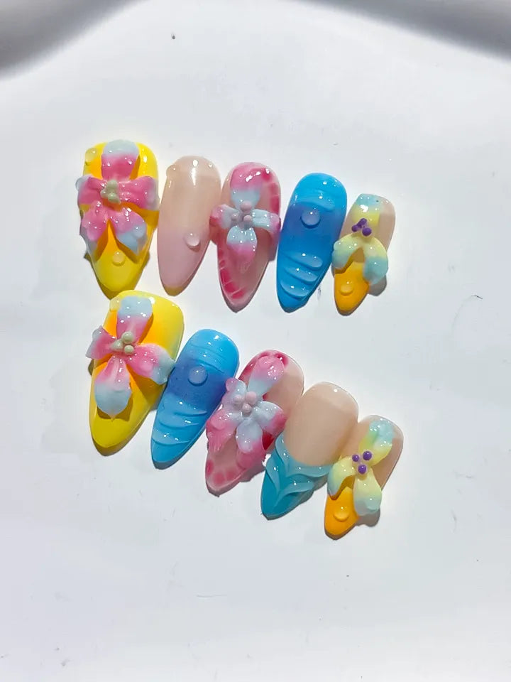 Yellow Blue Pink Nude Orange Purple Abstract Flower Dot 3D Texture press on nails detail view
