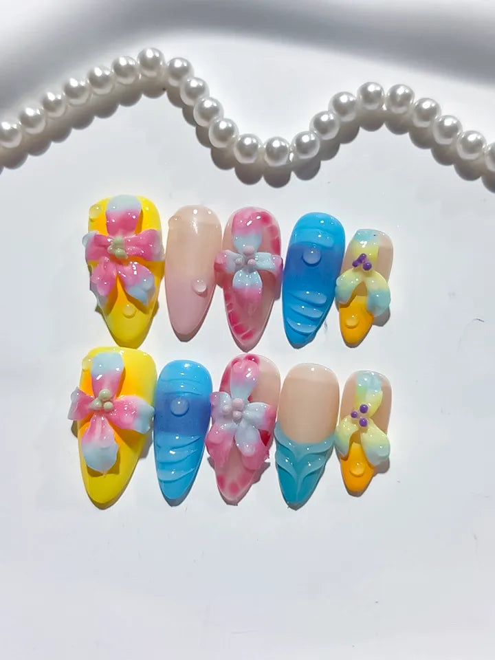 Yellow Blue Pink Nude Orange Purple Abstract Flower Dot 3D Texture press on nails detail view