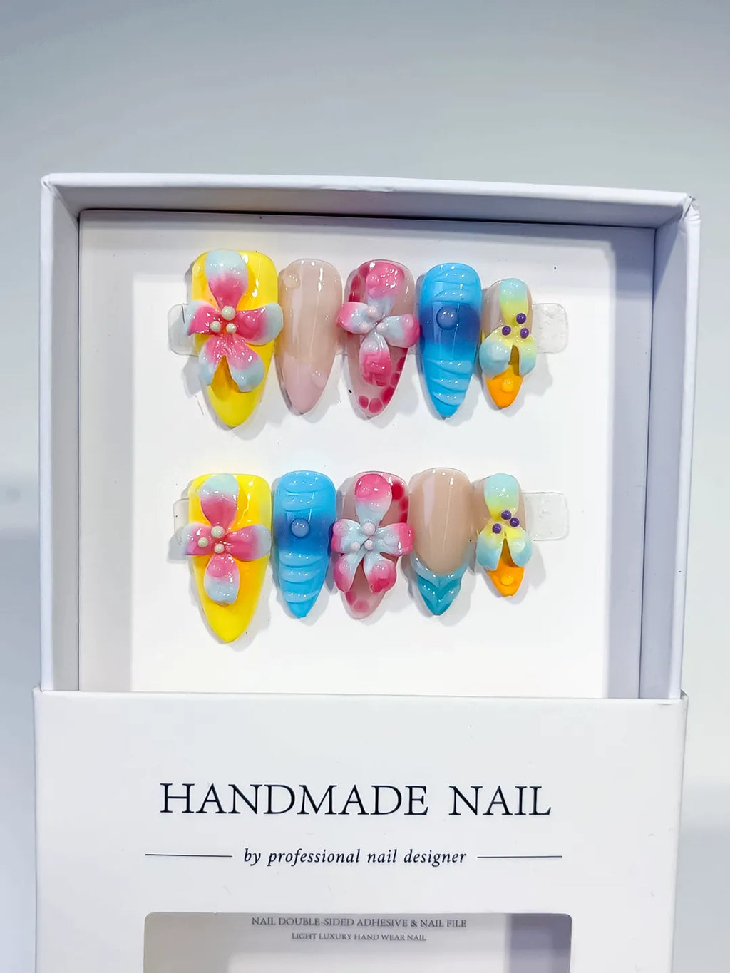 Yellow Blue Pink Nude Orange Purple Abstract Flower Dot 3D Texture press on nails full set view