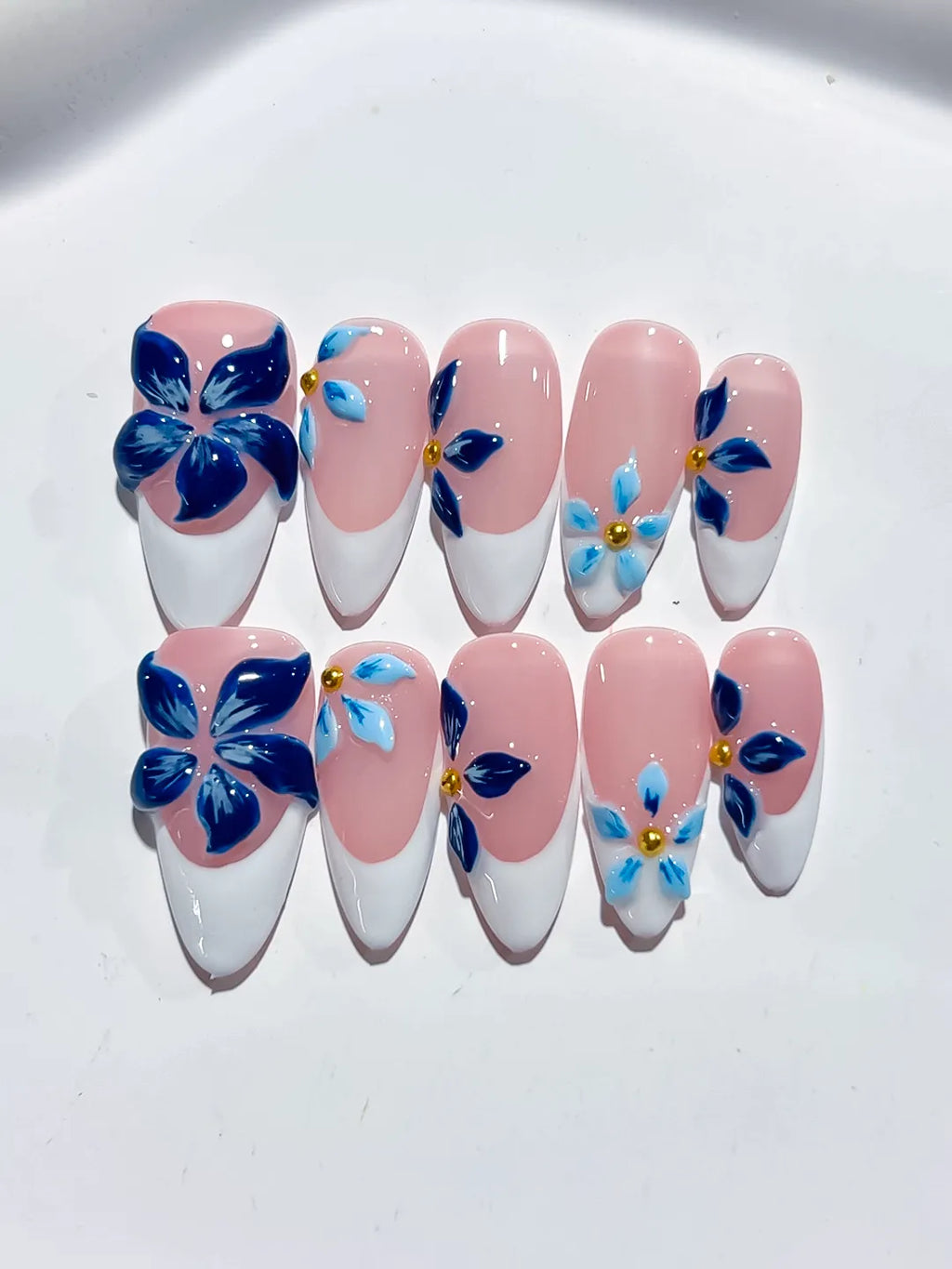 Pink White Blue Gold French tip Flower press on nails detail view