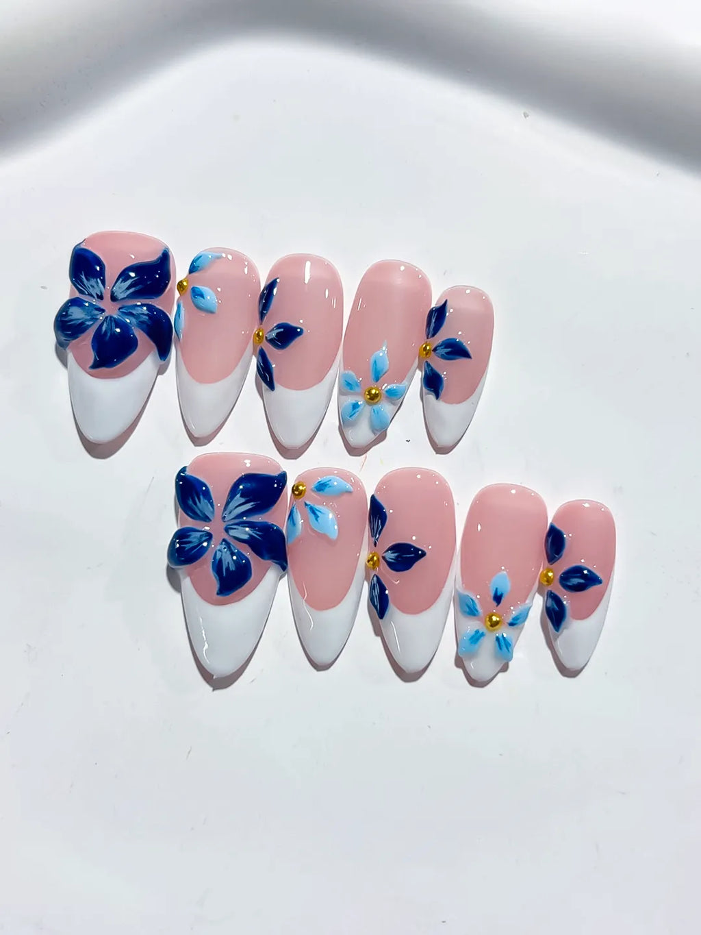 Pink White Blue Gold French tip Flower press on nails detail view