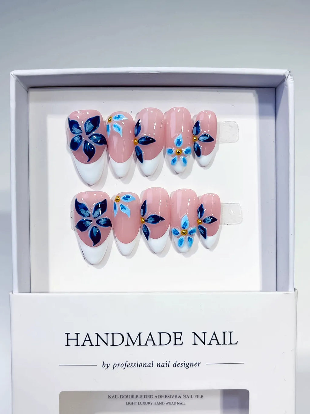 Pink White Blue Gold French tip Flower press on nails full set view