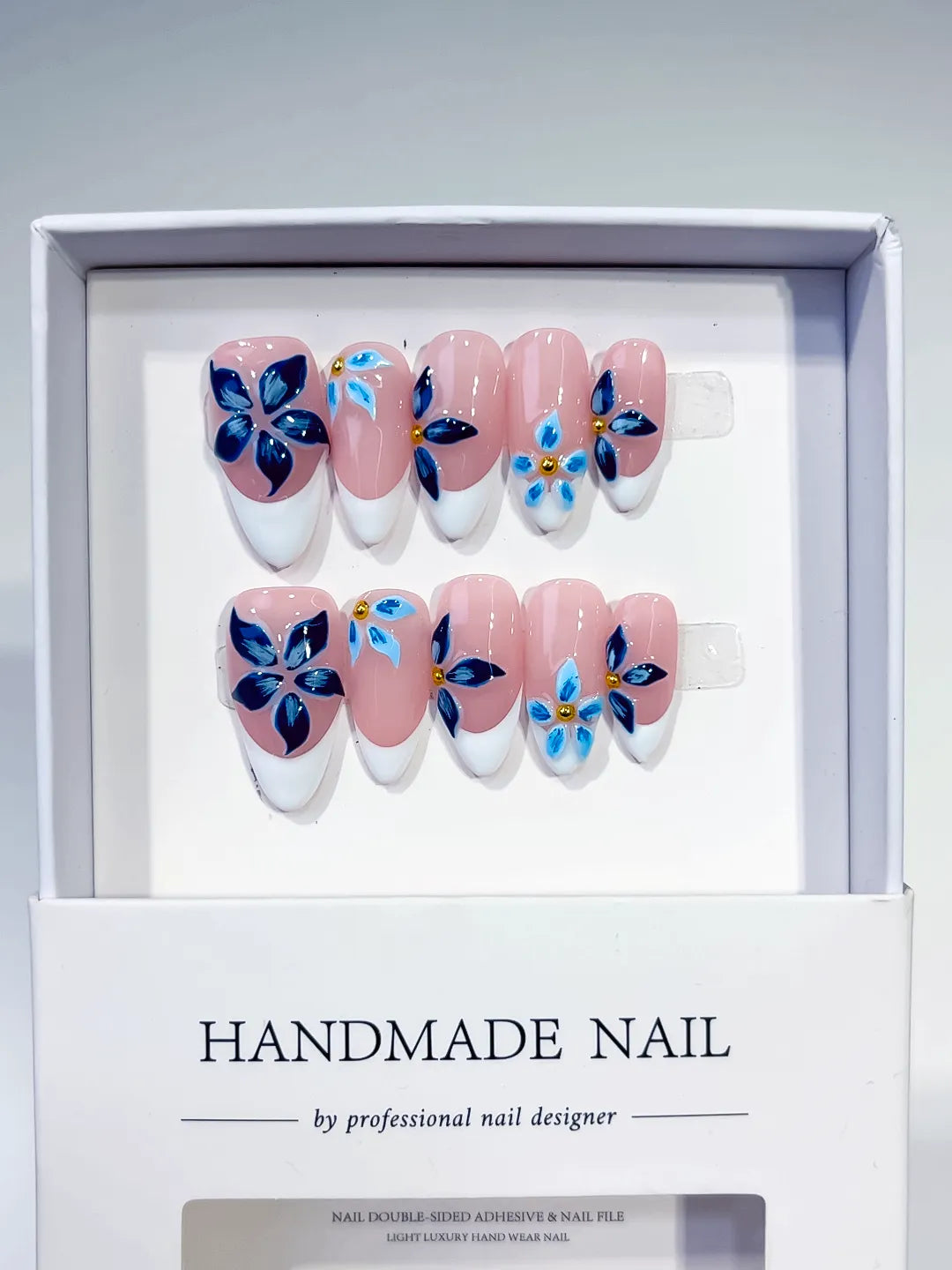 Pink White Blue Gold French tip Flower press on nails full set view