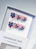 Pink White Blue Gold French tip Flower press on nails