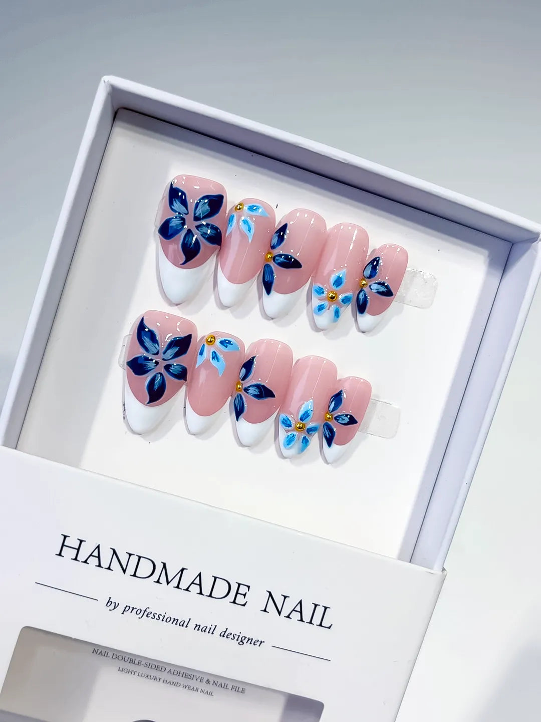 Pink White Blue Gold French tip Flower press on nails