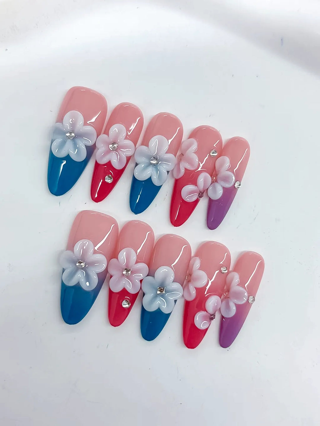 Pink Blue Red Purple White French tip Flower Rhinestone 3D press on nails detail view
