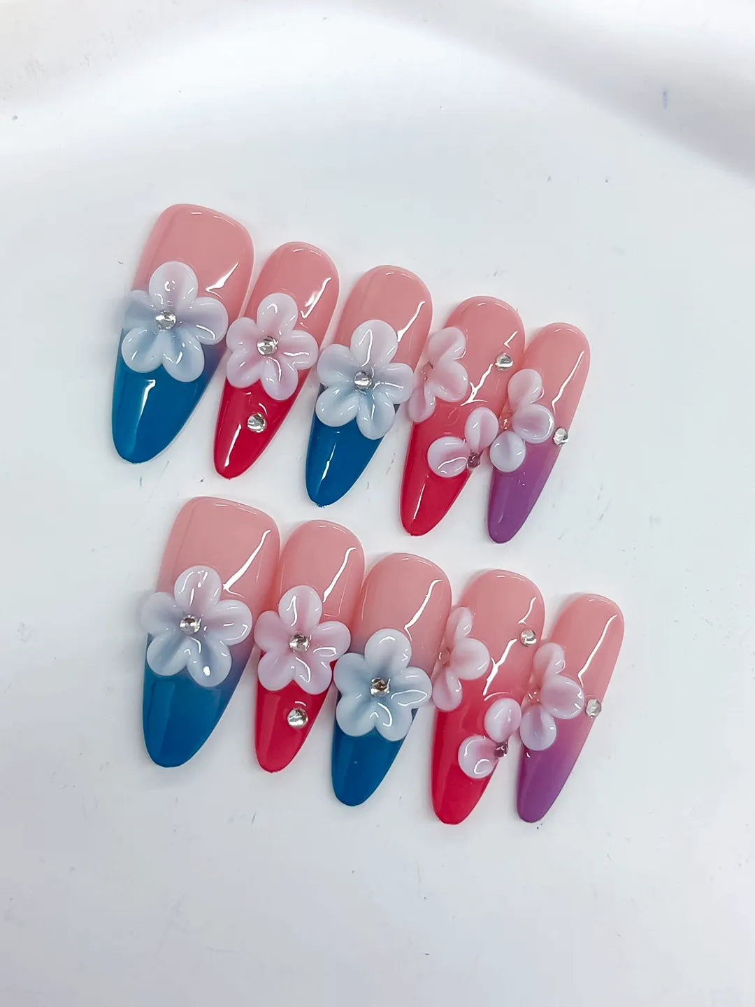 Pink Blue Red Purple White French tip Flower Rhinestone 3D press on nails detail view
