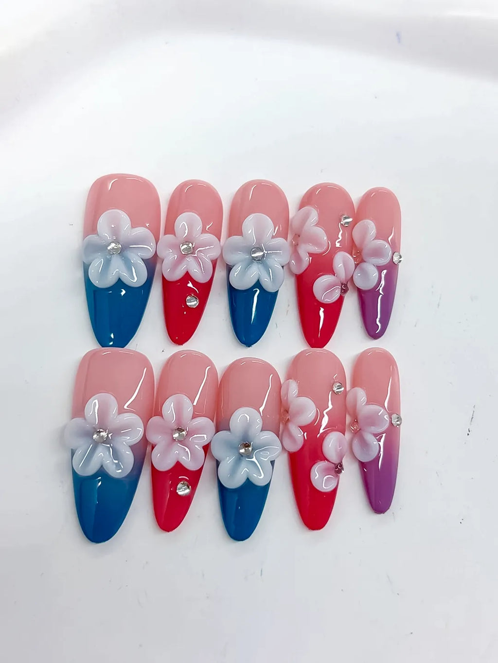 Pink Blue Red Purple White French tip Flower Rhinestone 3D press on nails close up