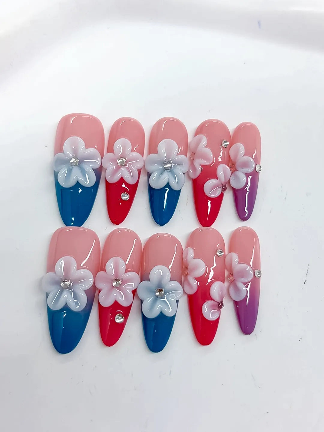 Pink Blue Red Purple White French tip Flower Rhinestone 3D press on nails close up