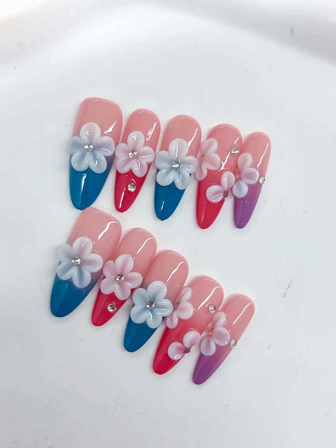 Pink Blue Red Purple White French tip Flower Rhinestone 3D press on nails detail view
