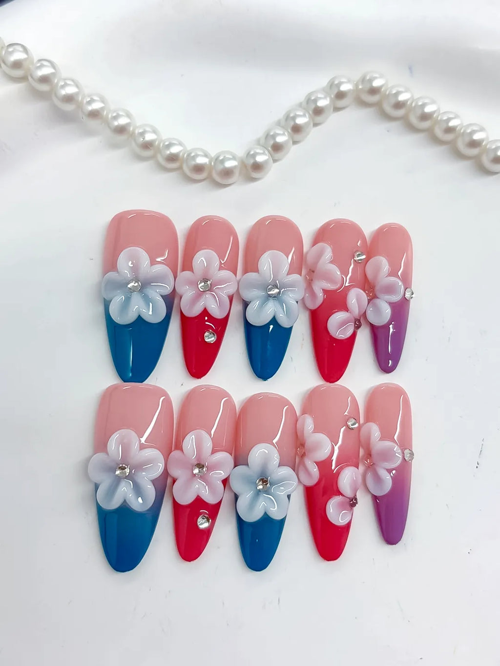 Pink Blue Red Purple White French tip Flower Rhinestone 3D press on nails detail view