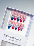 Pink Blue Red Purple White French tip Flower Rhinestone 3D press on nails