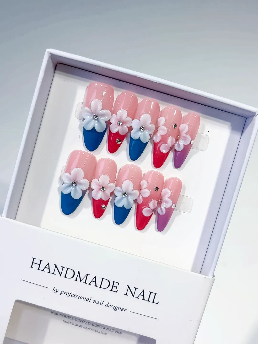Pink Blue Red Purple White French tip Flower Rhinestone 3D press on nails