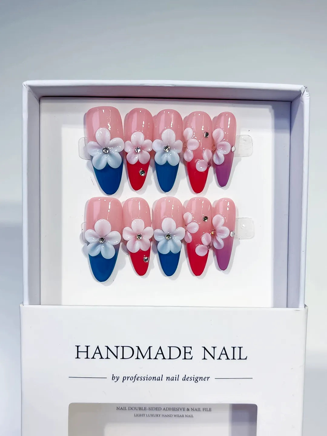 Pink Blue Red Purple White French tip Flower Rhinestone 3D press on nails full set view