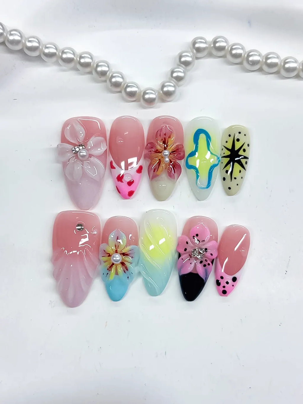Pink White Yellow Blue Black Abstract Flower Shell Starburst 3D press on nails detail view