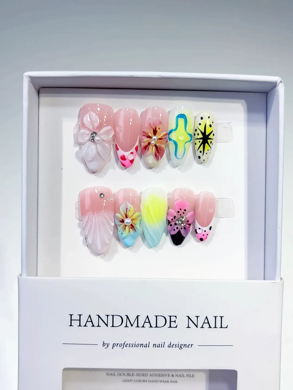 Pink White Yellow Blue Black Abstract Flower Shell Starburst 3D press on nails full set view