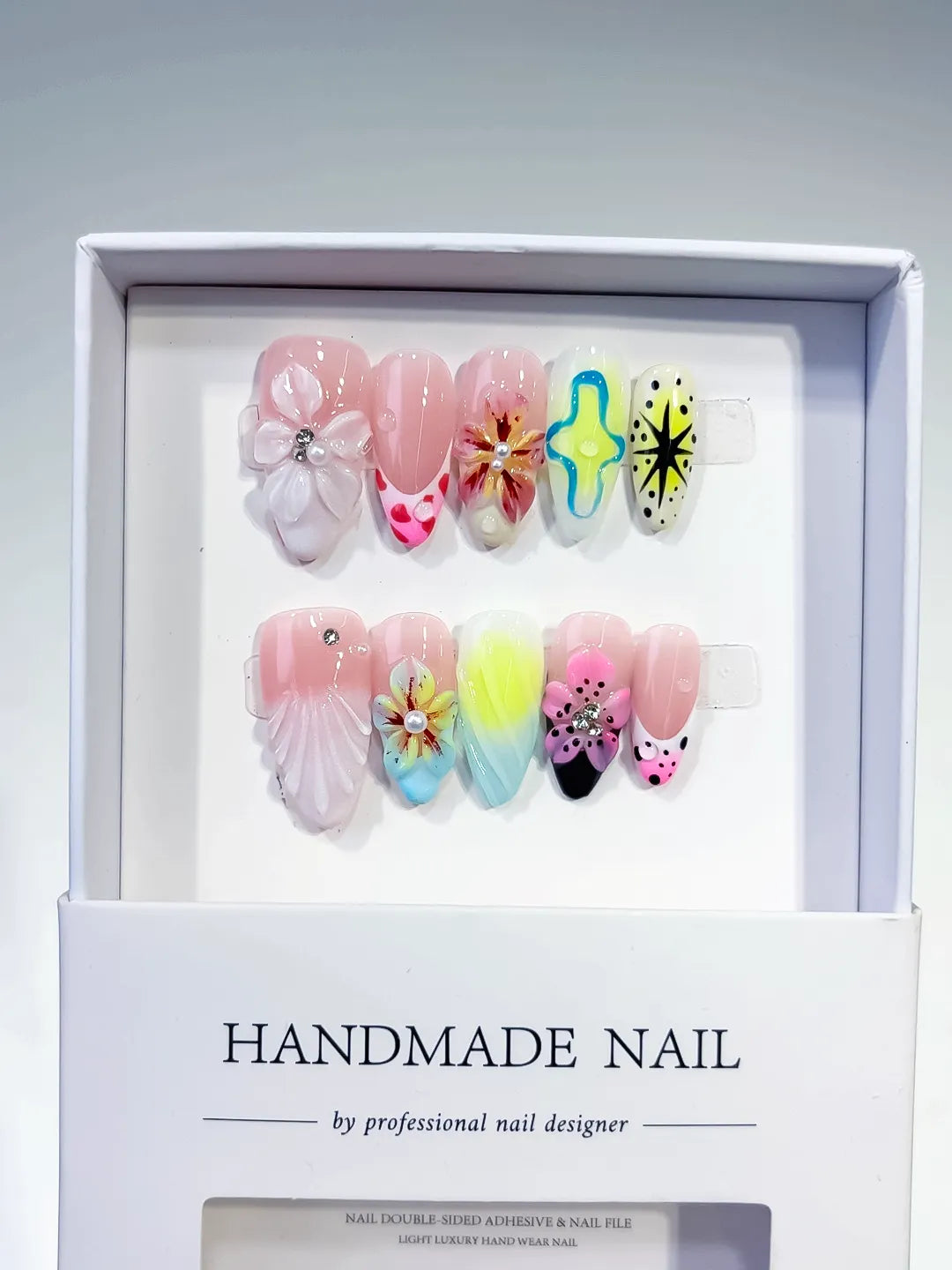 Pink White Yellow Blue Black Abstract Flower Shell Starburst 3D press on nails full set view