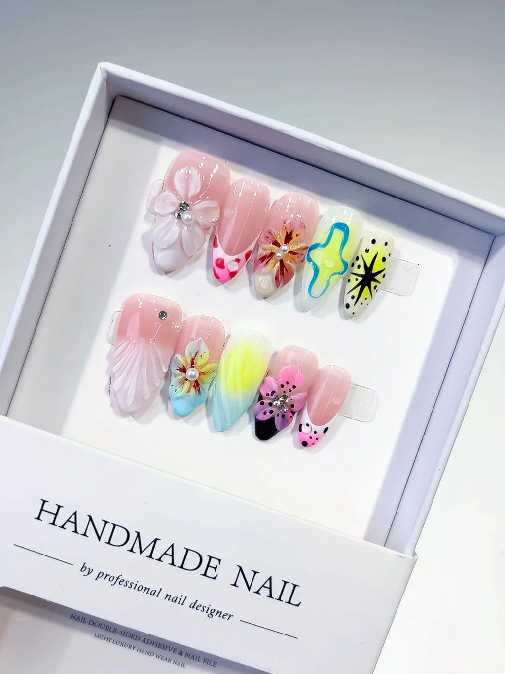 Pink White Yellow Blue Black Abstract Flower Shell Starburst 3D press on nails