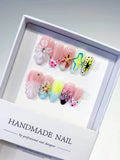 Pink White Yellow Blue Black Abstract Flower Shell Starburst 3D press on nails