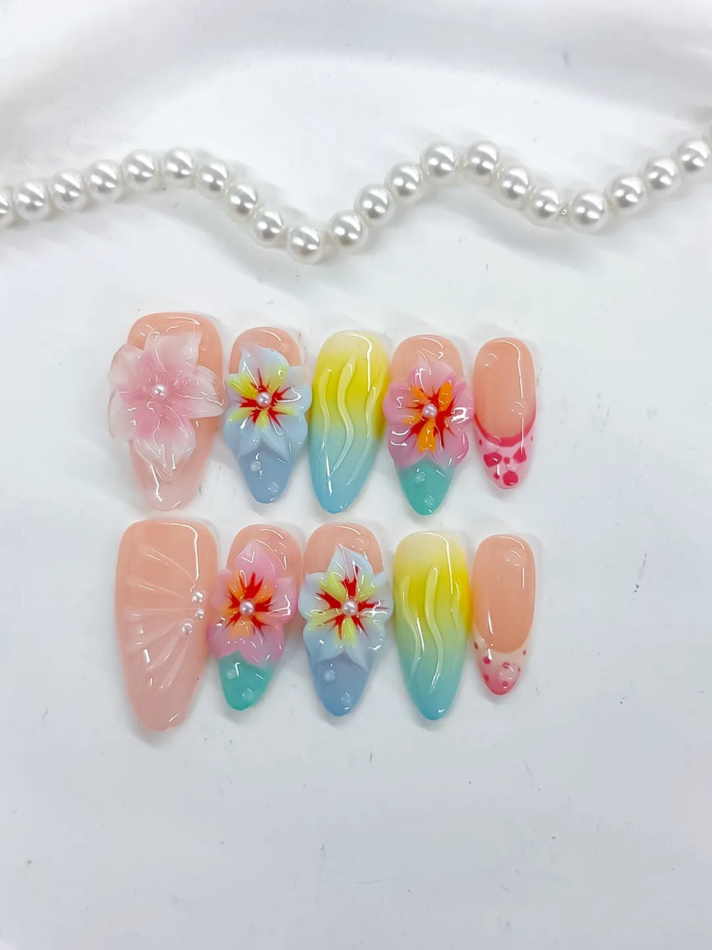 Nude Pink Blue Yellow Orange Ombre Flower Shell Dot 3D press on nails detail view