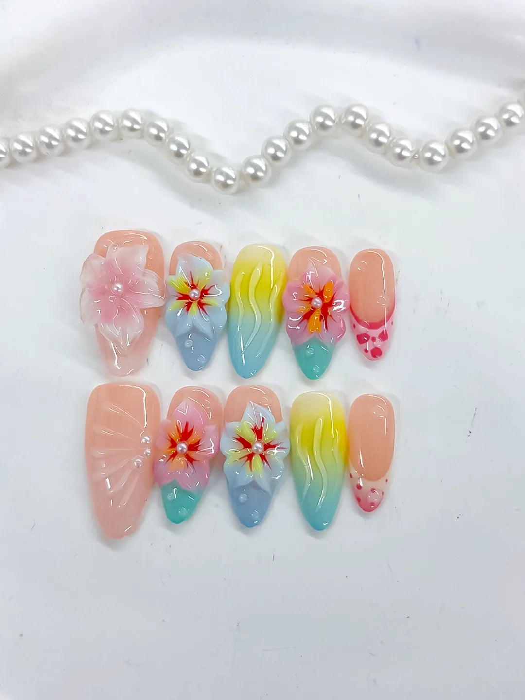 Nude Pink Blue Yellow Orange Ombre Flower Shell Dot 3D press on nails detail view