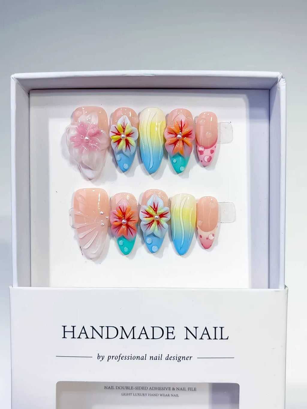 Nude Pink Blue Yellow Orange Ombre Flower Shell Dot 3D press on nails full set view