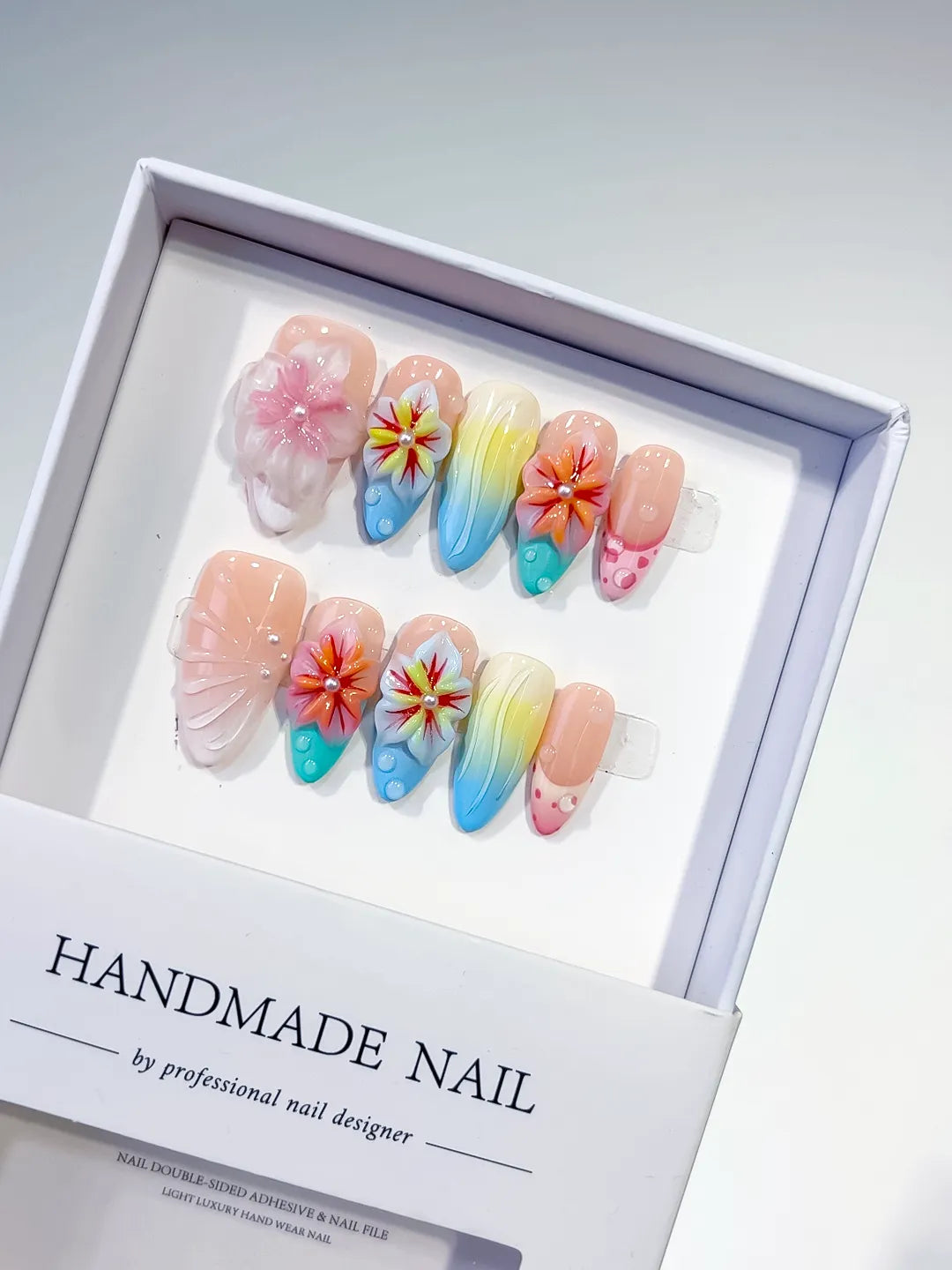 Nude Pink Blue Yellow Orange Ombre Flower Shell Dot 3D press on nails