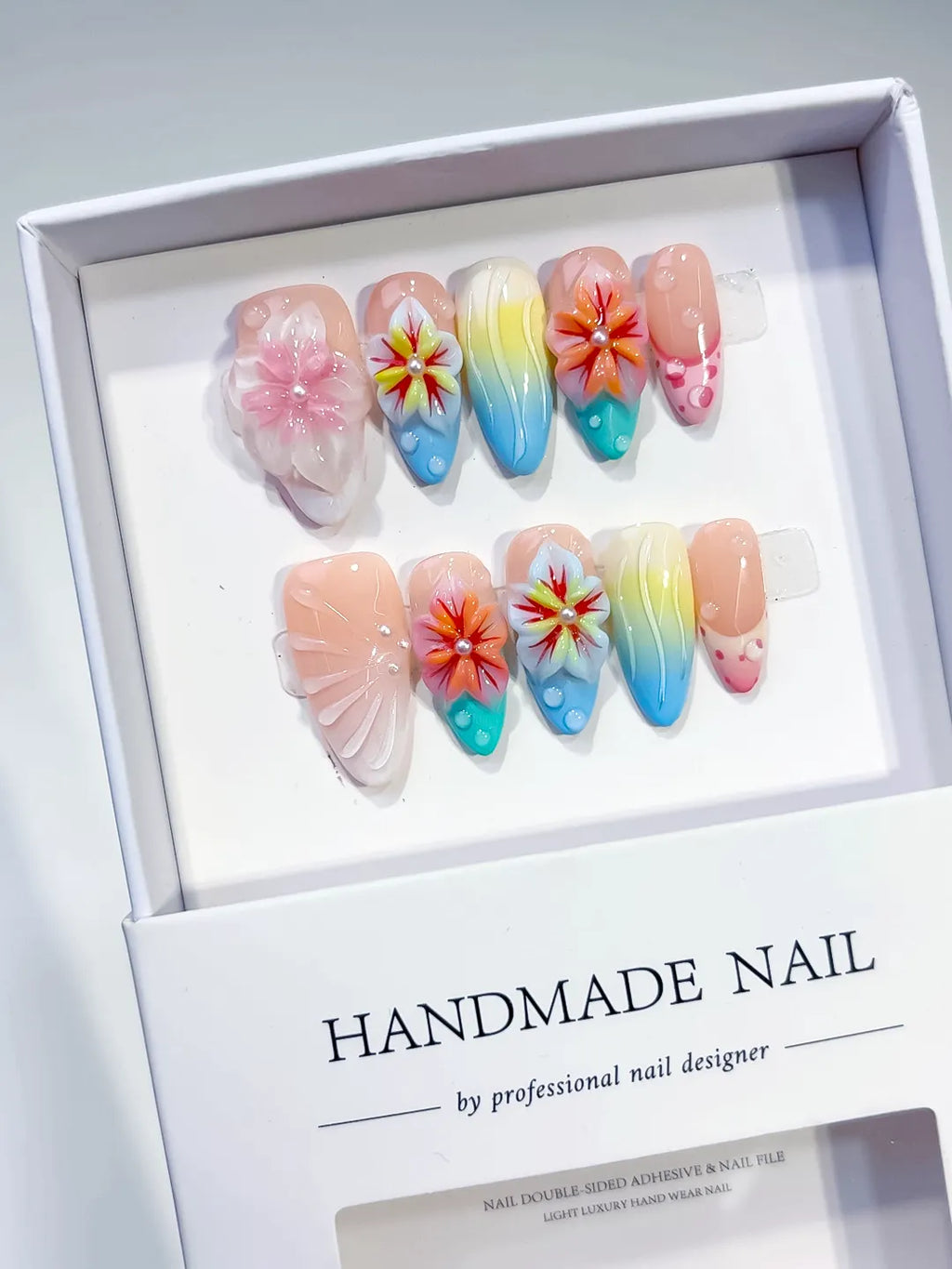 Nude Pink Blue Yellow Orange Ombre Flower Shell Dot 3D press on nails angled view