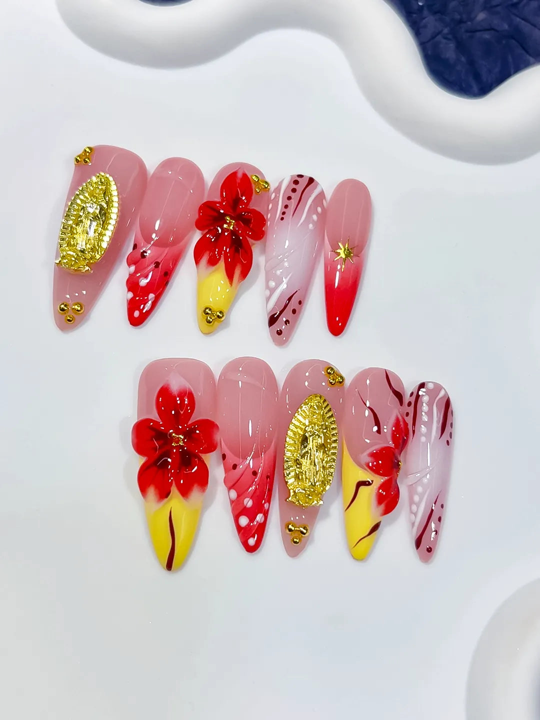 Pink Red Yellow White Gold Abstract Flower Metallic Accent Dot press on nails detail view