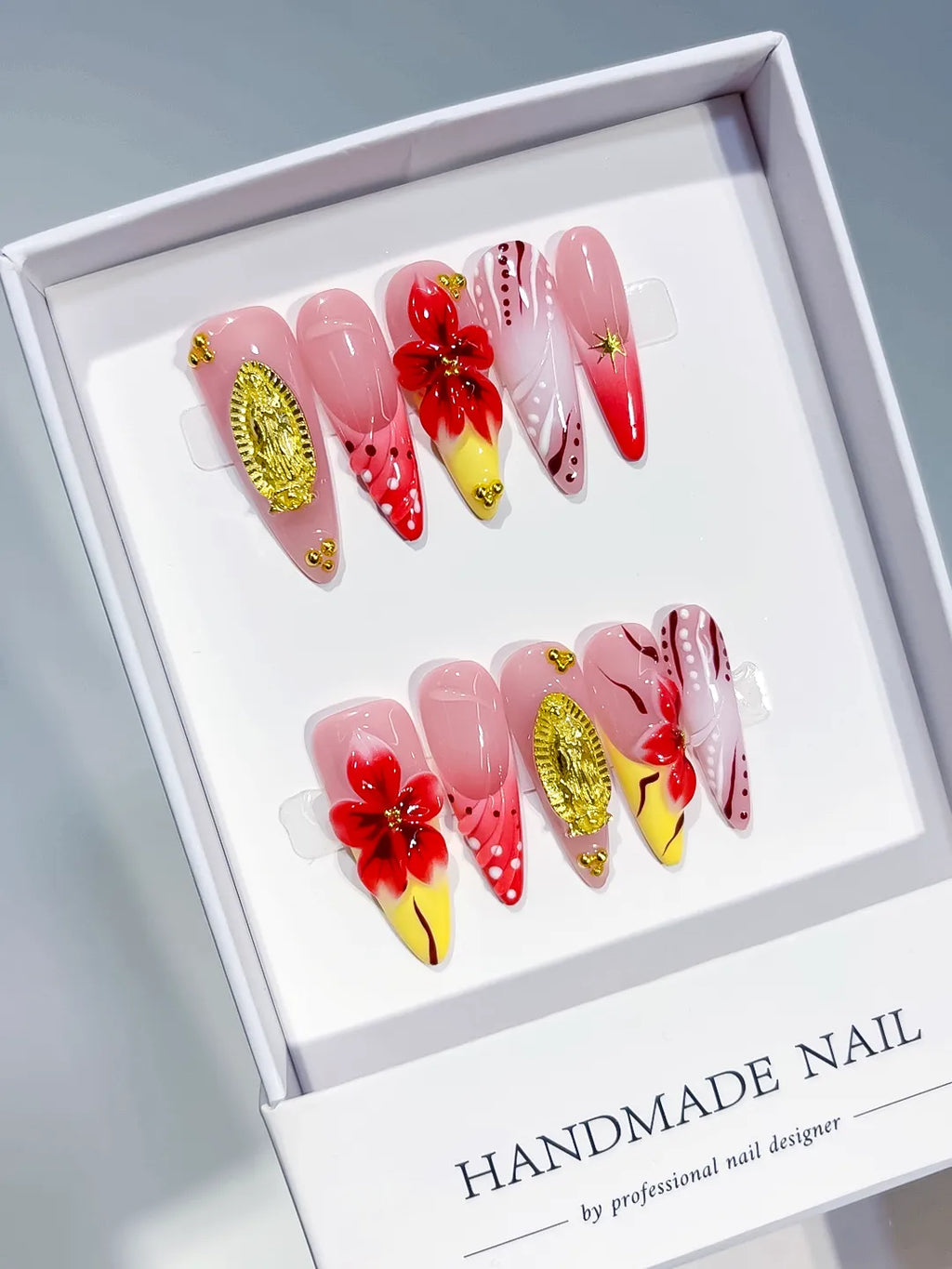 Pink Red Yellow White Gold Abstract Flower Metallic Accent Dot press on nails angled view