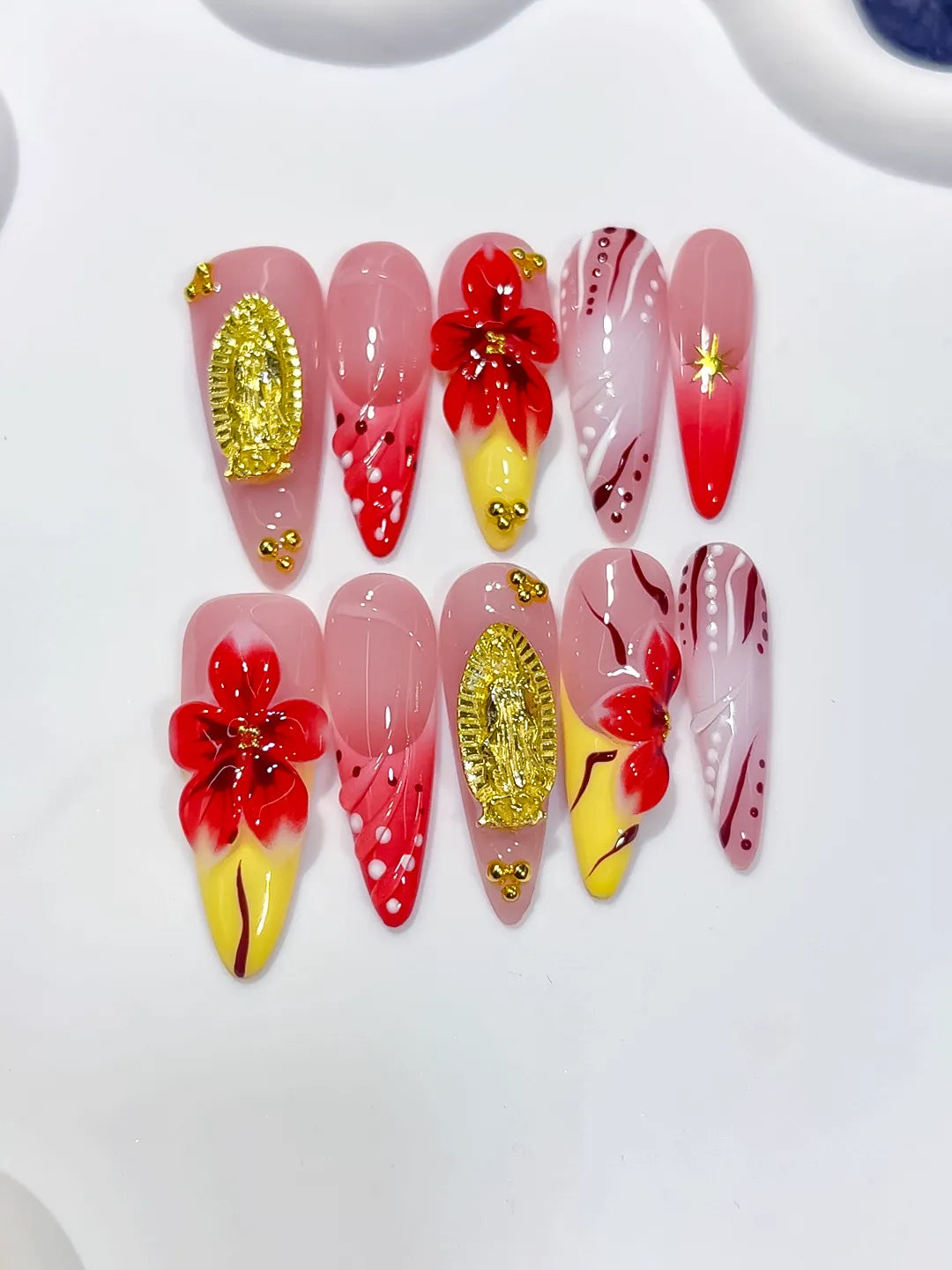 Pink Red Yellow White Gold Abstract Flower Metallic Accent Dot press on nails close up