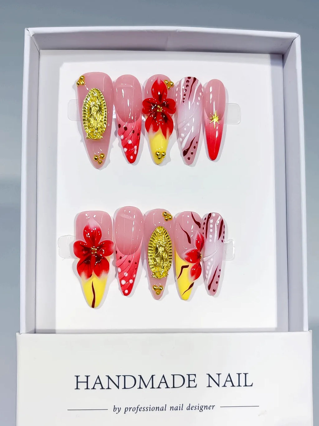 Pink Red Yellow White Gold Abstract Flower Metallic Accent Dot press on nails full set view