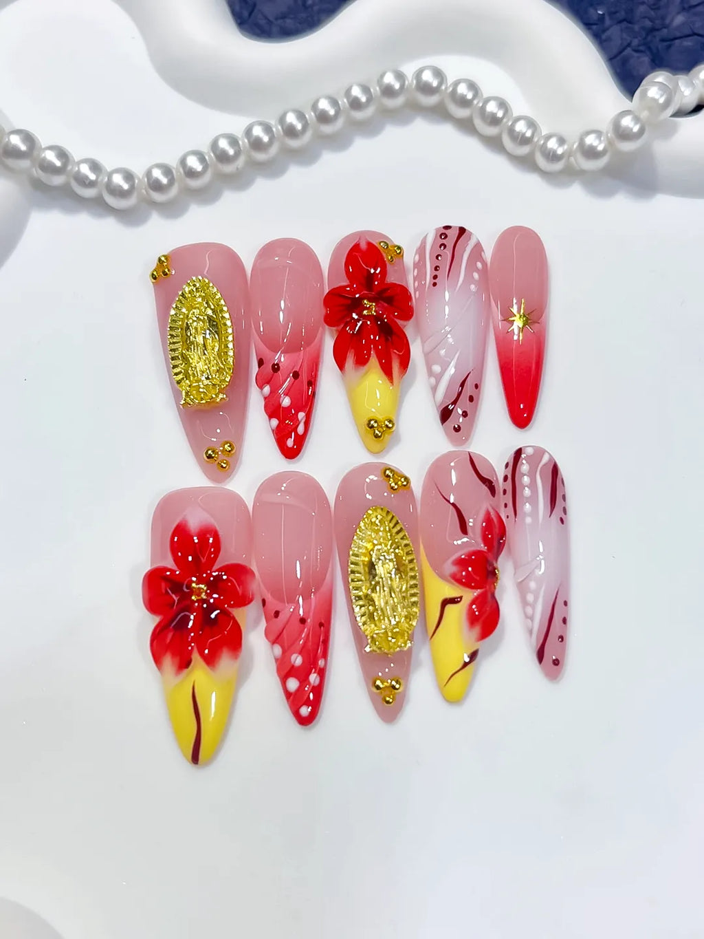 Pink Red Yellow White Gold Abstract Flower Metallic Accent Dot press on nails detail view