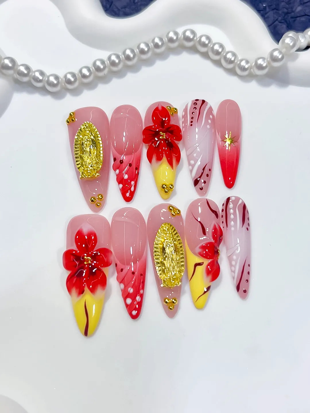 Pink Red Yellow White Gold Abstract Flower Metallic Accent Dot press on nails detail view