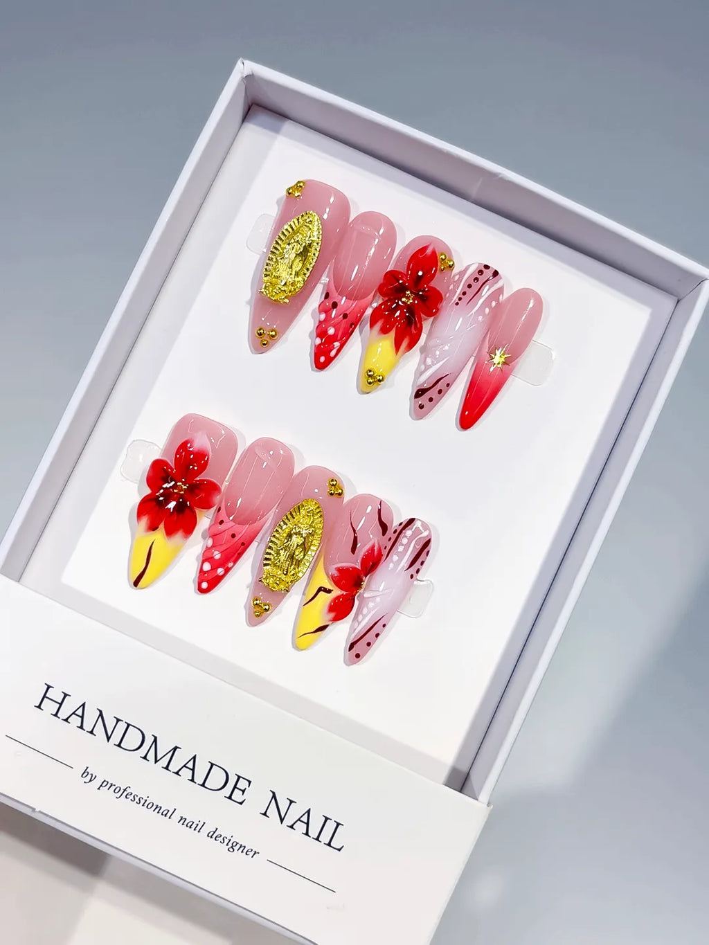Pink Red Yellow White Gold Abstract Flower Metallic Accent Dot press on nails