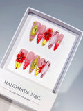 Pink Red Yellow White Gold Abstract Flower Metallic Accent Dot press on nails
