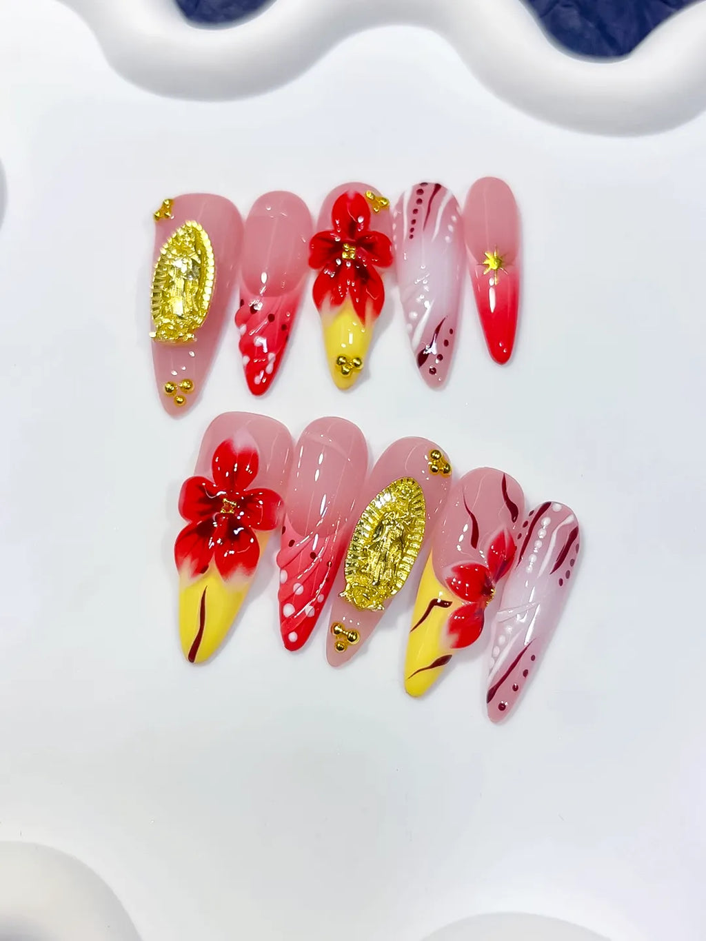 Pink Red Yellow White Gold Abstract Flower Metallic Accent Dot press on nails detail view