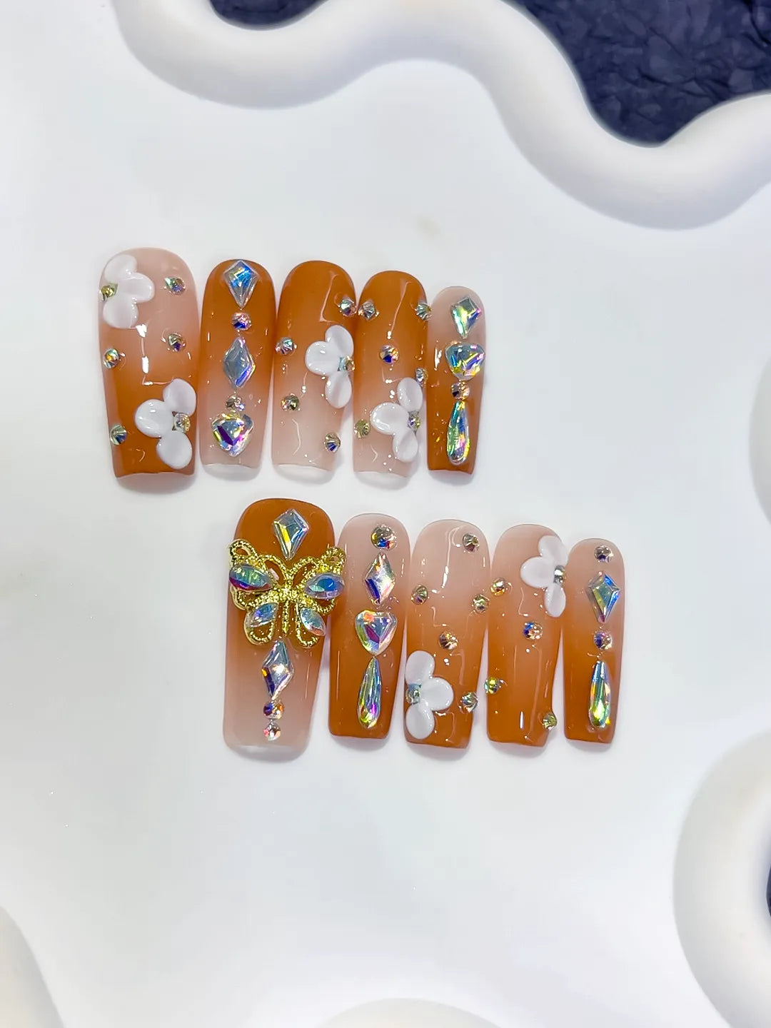 Orange Nude White Gold Multicolor Solid color Butterfly Flower Rhinestone 3D press on nails detail view