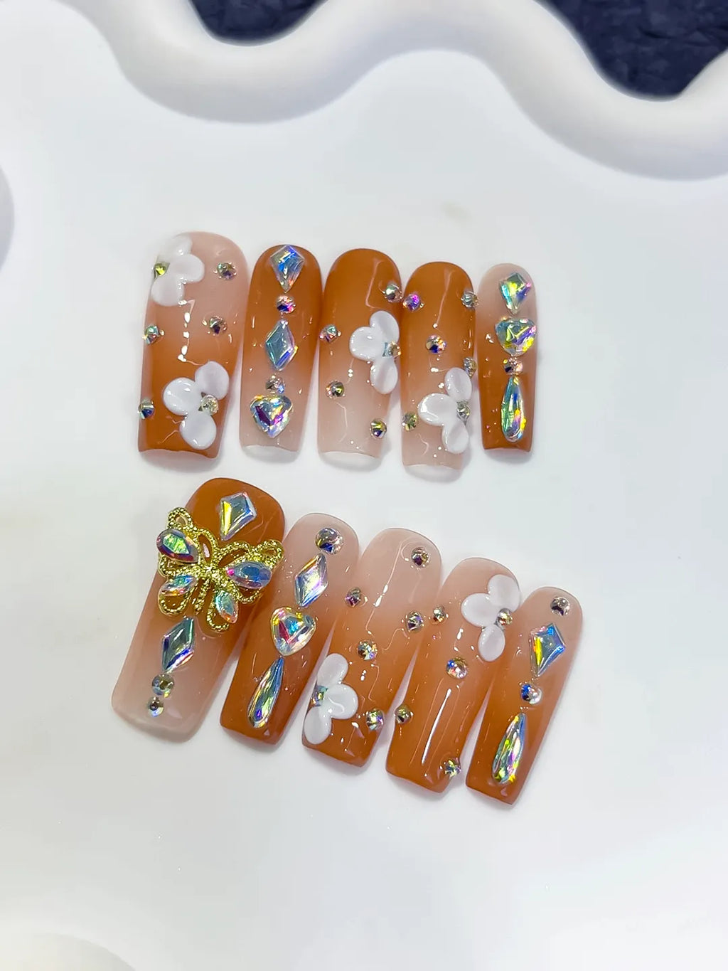 Orange Nude White Gold Multicolor Solid color Butterfly Flower Rhinestone 3D press on nails detail view