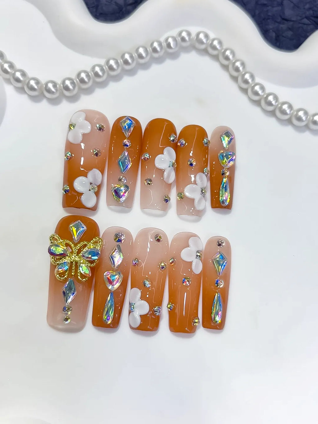 Orange Nude White Gold Multicolor Solid color Butterfly Flower Rhinestone 3D press on nails detail view