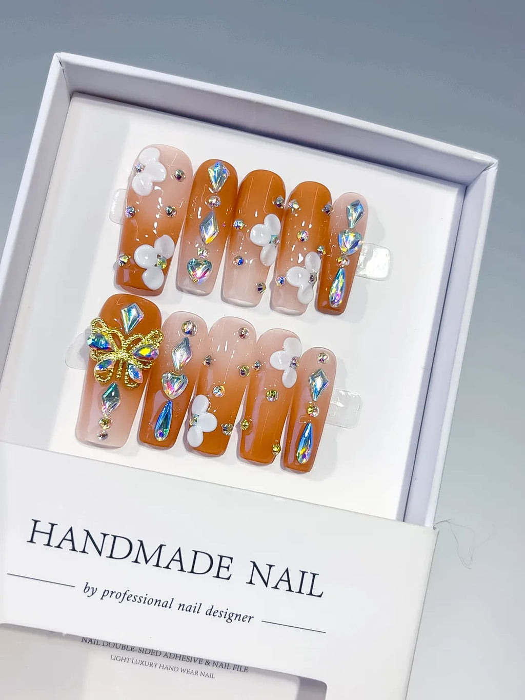 Orange Nude White Gold Multicolor Solid color Butterfly Flower Rhinestone 3D press on nails