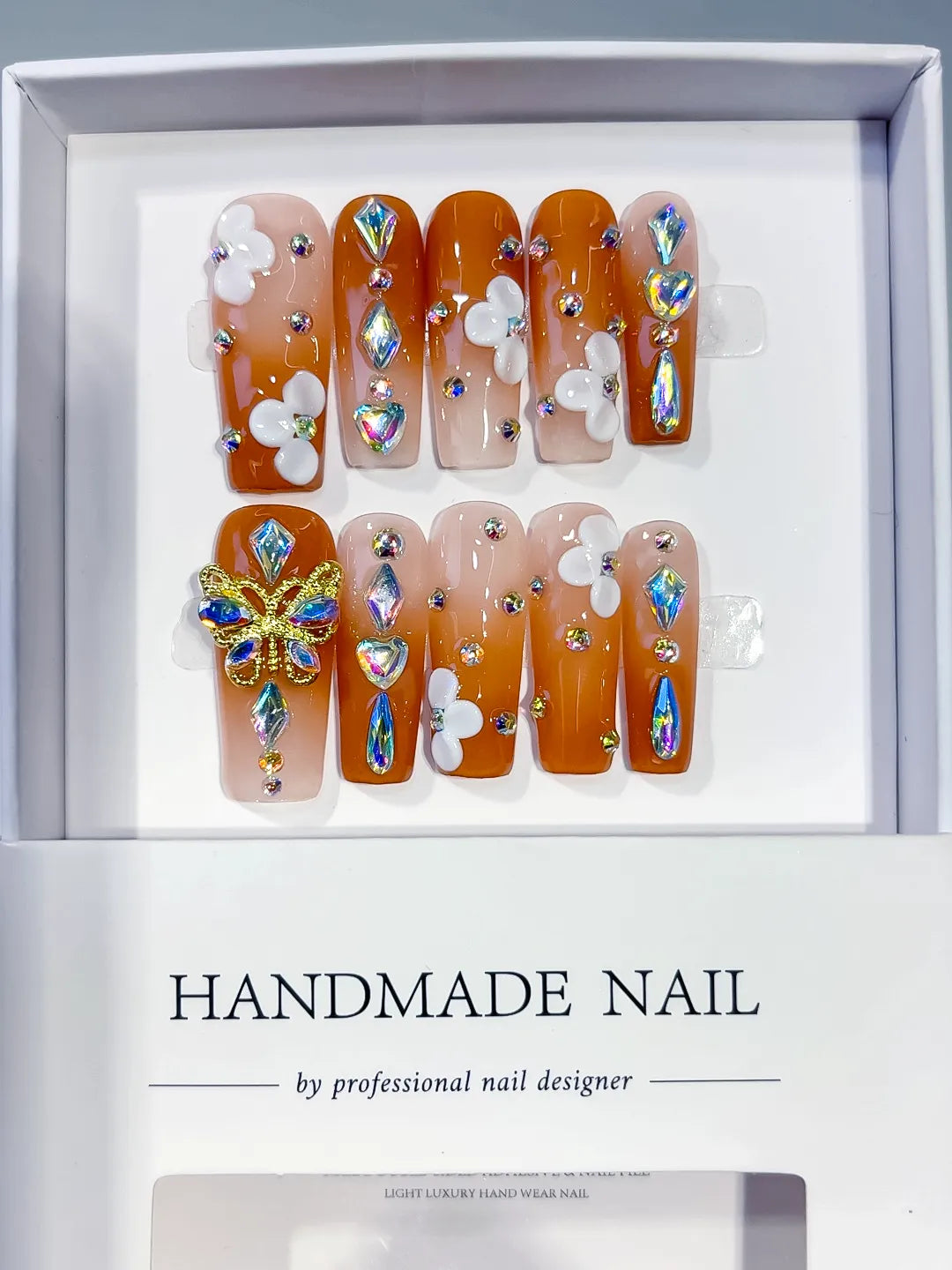 Orange Nude White Gold Multicolor Solid color Butterfly Flower Rhinestone 3D press on nails full set view